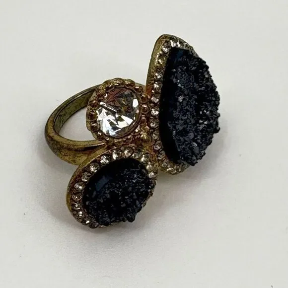 Park Lane Aspen Statement Ring Hematite Gray Druzy Crystal Gold Size 7 - Picture 3 of 6